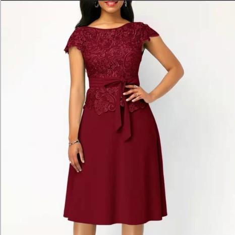 Elegant O-neck Short-sleeve Solid Color Lace Stitching Summer Party Dress S-5XL