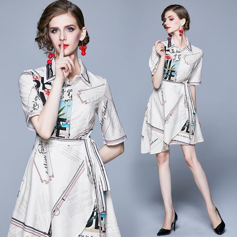 Lapel Fashion Print Short Sleeve Waist Irregular Dress