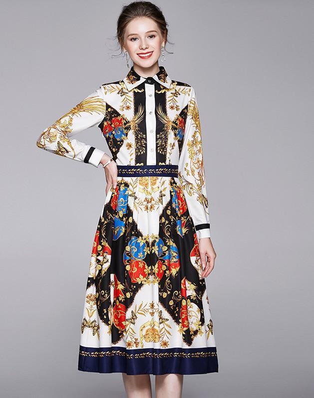 Retro Fashion Floral Print Lapel Midi Dress