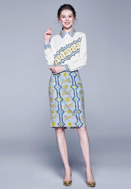 Lapel Long-sleeved Top + Mid-length Printed Skirt