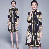 Fashion Lapel Print Long Sleeve Midi Dress