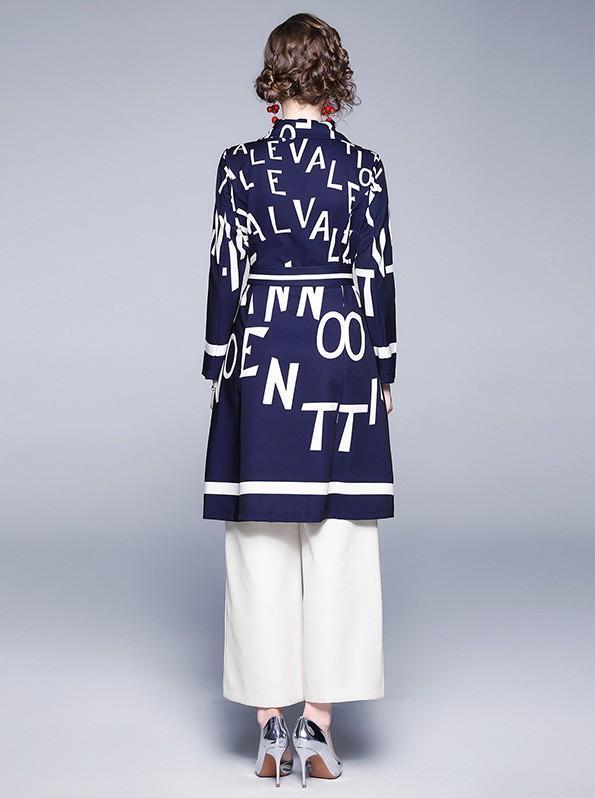 Lapel Letter Printed Long Sleeve Mid-length Trench Coat