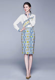Lapel Long-sleeved Top + Mid-length Printed Skirt