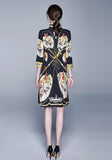 Fashion Lapel Print Long Sleeve Midi Dress