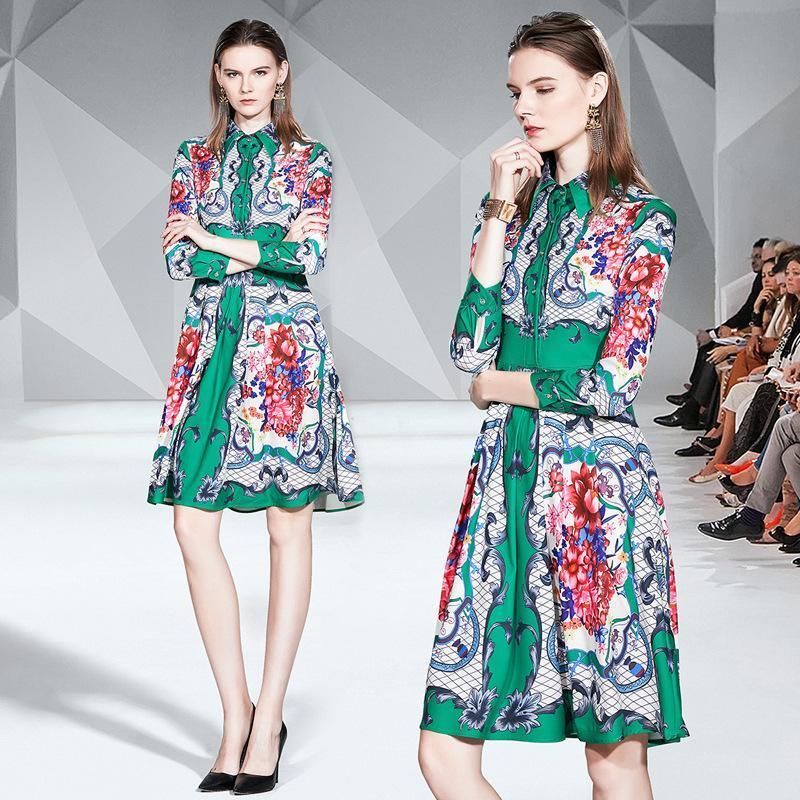 Fashion Lapel Long Sleeve Print Slim Mid-length Dress
