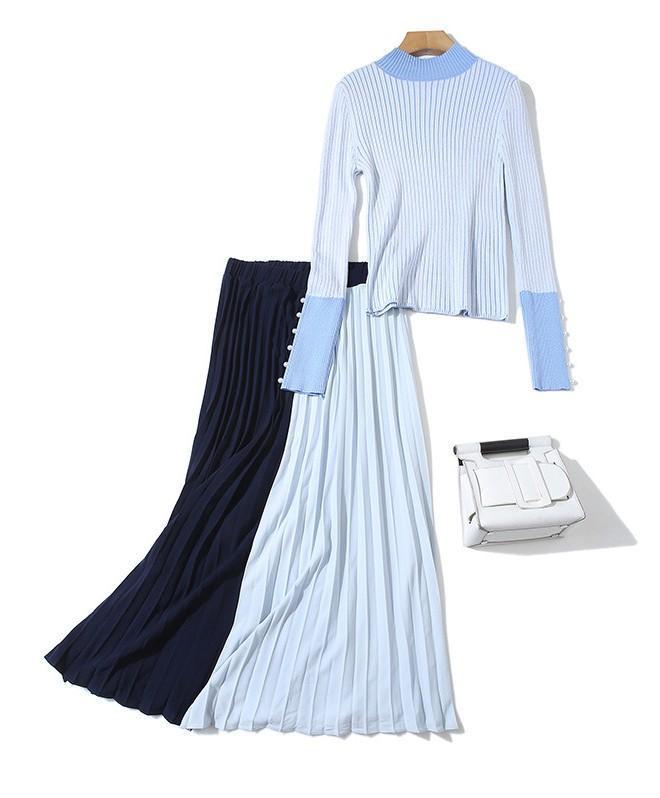 Fashion Long-sleeved Knit Top + Mid-length Pleated Skirt