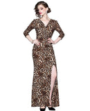 Sexy Gathered Split Leopard Dress Maxi Dress