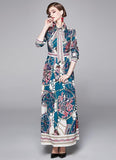 Retro Floral Print Long Sleeves Slim Maxi Dress