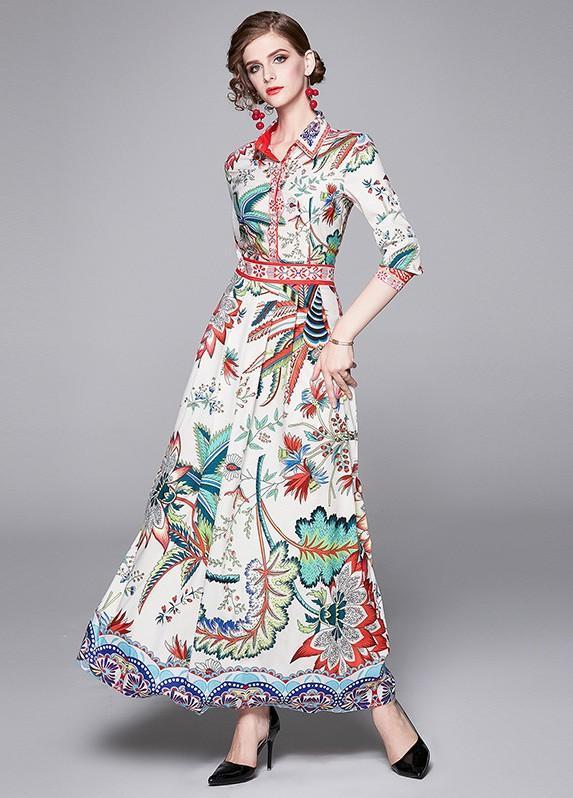 Lapel Long Sleeve Fashion Print Maxi Dress