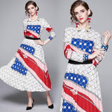 Fashion Joker Lapel Long Sleeve Print Top + Pleated Skirt