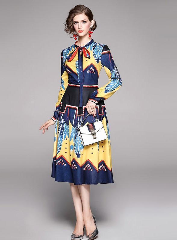 Fashion Print Long Sleeve Slim Midi Dress