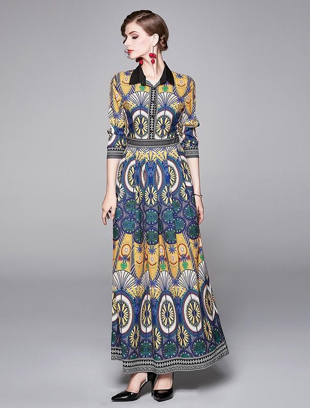 Fashion Printed Lapels Long-sleeved Long Dress