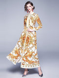 Lapel Royal Court Print Long-sleeved Slim Long Dress