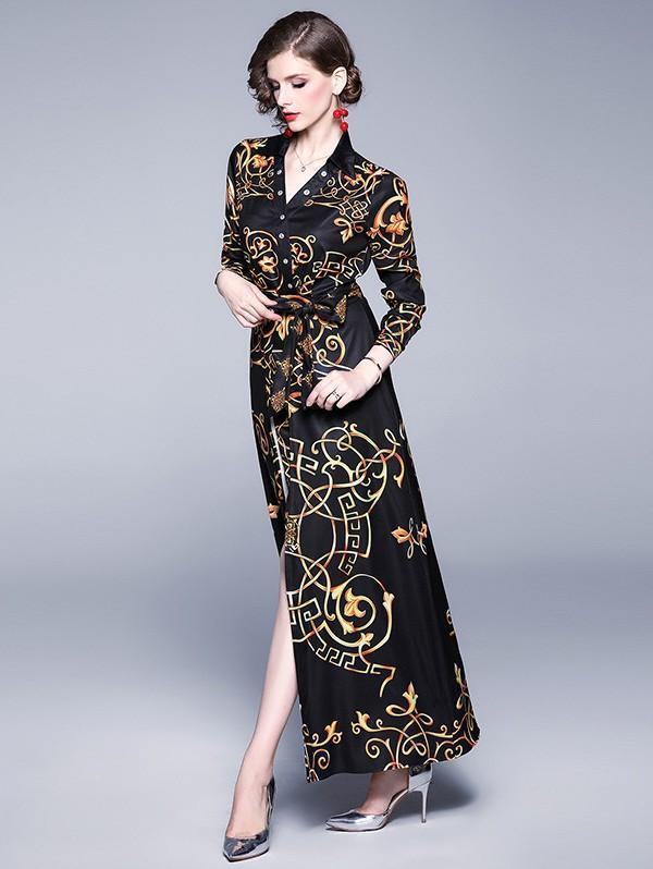 Fashion Lapel Print Long-sleeved Slim Long Dress