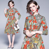 New Single-breasted Long-sleeved Long Floral Dress