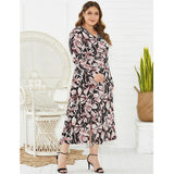 V-Neck Floral Print Long Sleeve Elegant Casual Dress XL-4XL