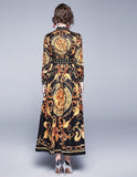 Fashion Vintage Print Lapel Long Sleeve Long Dress