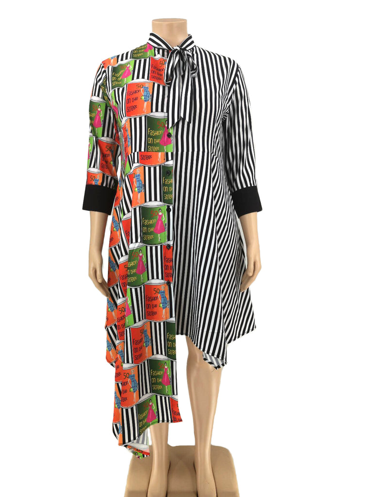 Plus Size Print Striped Shirt Midi Dress