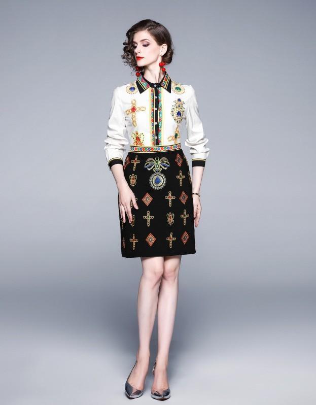 Elegant Print Shirt + Embroidered Skirt
