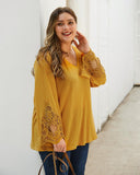 Lace Deep V-Neck Long Flare Sleeve Loose Knitted Pullovers Mesh Tops XL-4XL