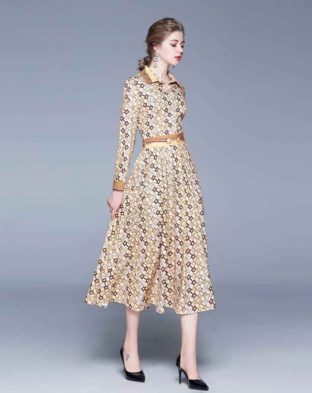 Lapel Long Sleeve Fashion Print Slim Dress