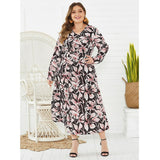 V-Neck Floral Print Long Sleeve Elegant Casual Dress XL-4XL