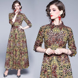 Fashion Lapel Leopard Print Long-sleeved Long Dress
