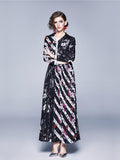 Retro Floral Print V Neck Long Sleeve Maxi Dress