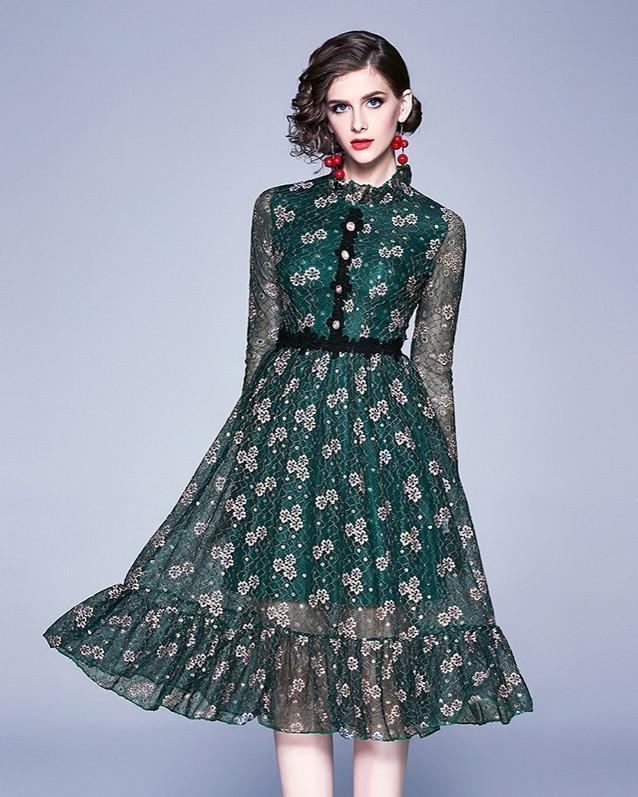 Vintage Fashion Lace Slim Midi Dress