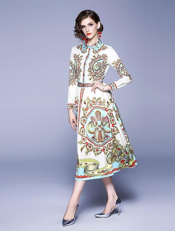 Fashion Printed Lapels Slim Mid-length Dress