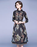 Lapel Fashion Print Long-sleeved Slim Mid-length Dress