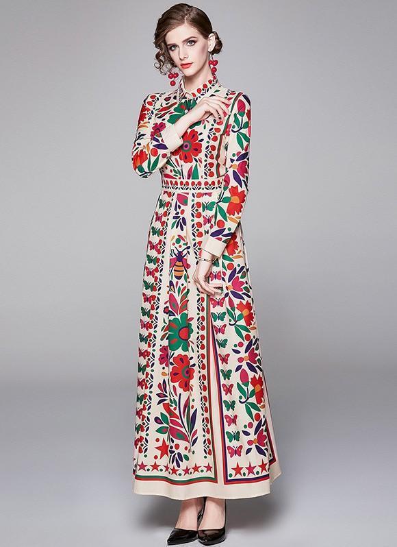 Lapel Vintage Lace Print Long Sleeves Maxi Dress