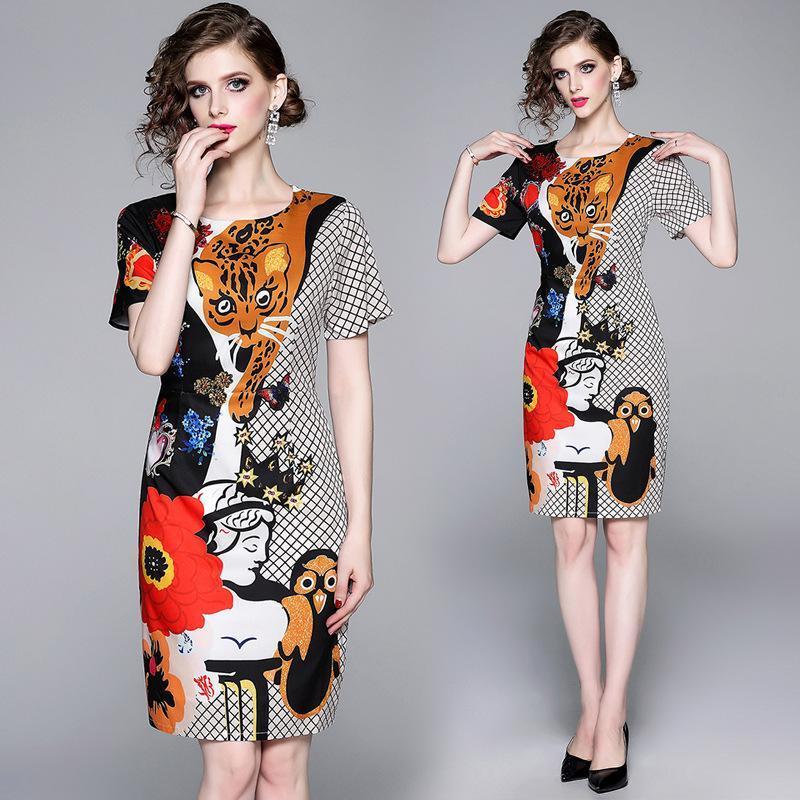 New Fashion Round Neck Short-sleeved Cartoon Print Dress