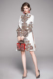 Lapel Fashion Lantern Sleeve Print Slim Midi Dress