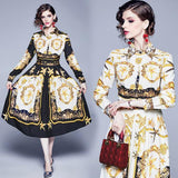 Lapel Long Sleeve Fashion Print Slim Mid-length Dress