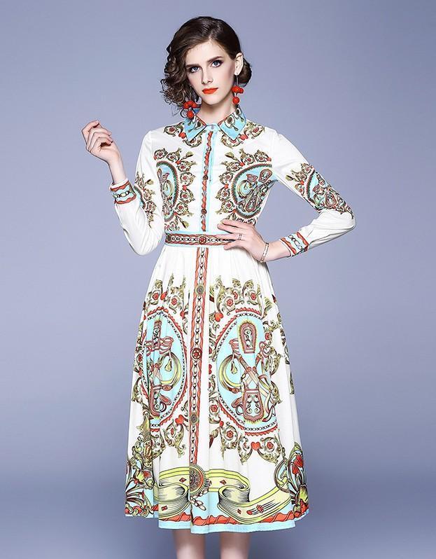 Fashion Printed Lapels Slim Mid-length Dress