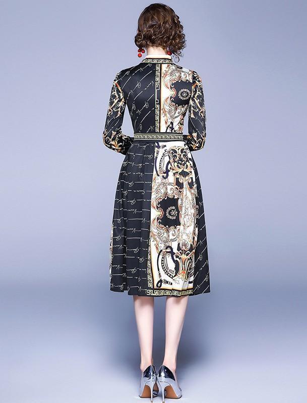 Lapel Fashion Print Long-sleeved Slim Midi Dress