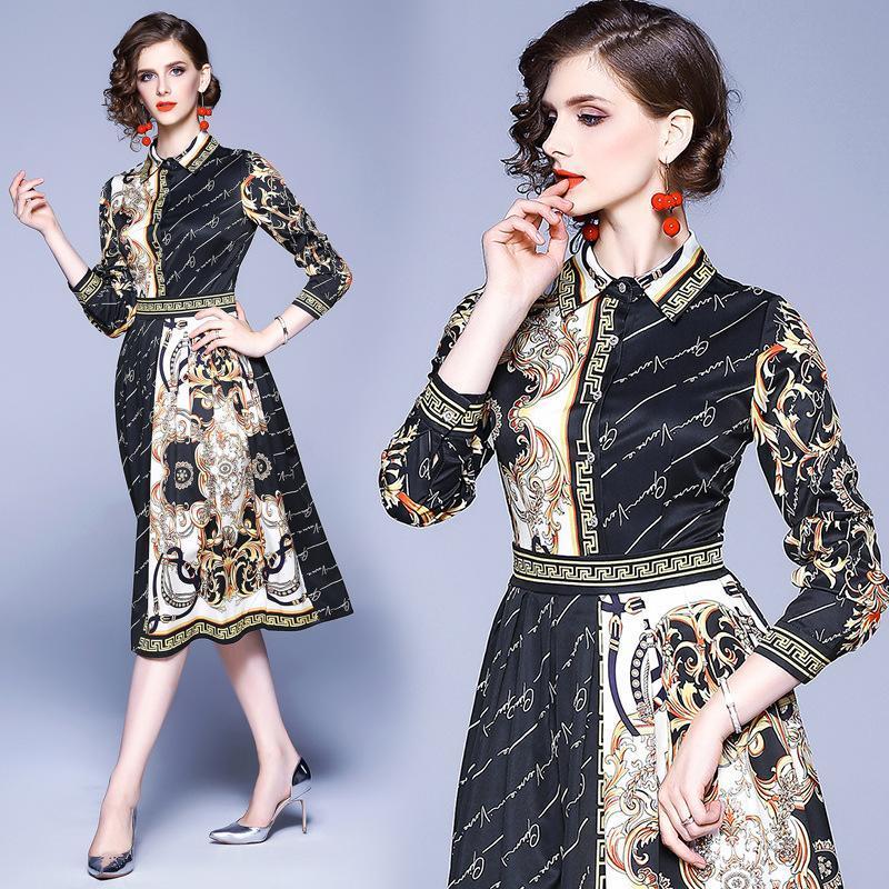 Lapel Fashion Print Long-sleeved Slim Midi Dress