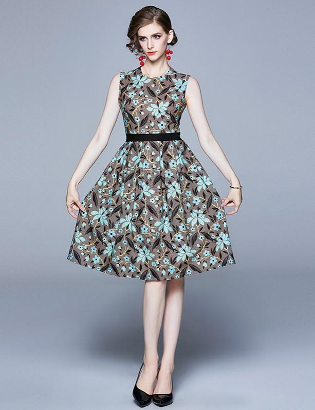 Round Neck Fashion Print Slim Mid-length A-line Dress