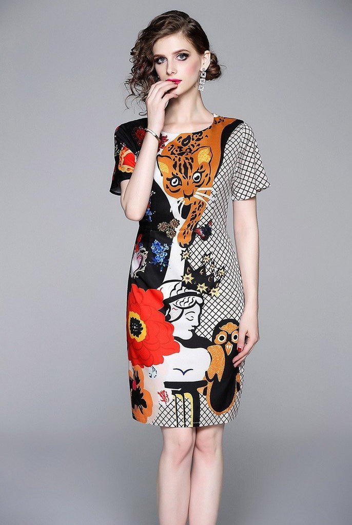 New Fashion Round Neck Short-sleeved Cartoon Print Dress