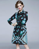New Long Sleeve Single-Breasted Lapel Retro Floral Print Shirt Dress