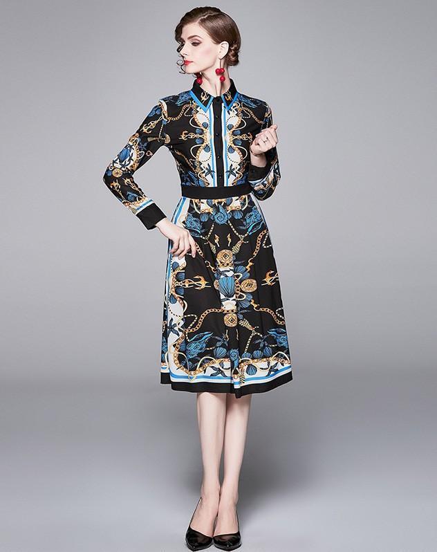 Fashion Printed Lapel Long Sleeve Slim Mid-length A-line Dress