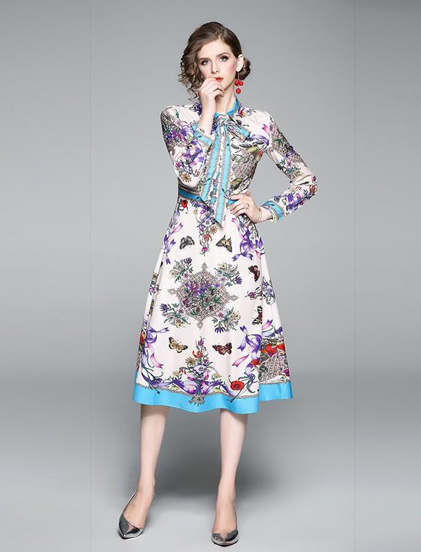 Lapel Fashion Print Long-sleeved Slim A-line Dress