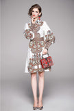 Lapel Fashion Lantern Sleeve Print Slim Midi Dress
