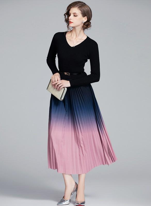 V-neck Knit Stitching Long-sleeved Gradient Color Dress
