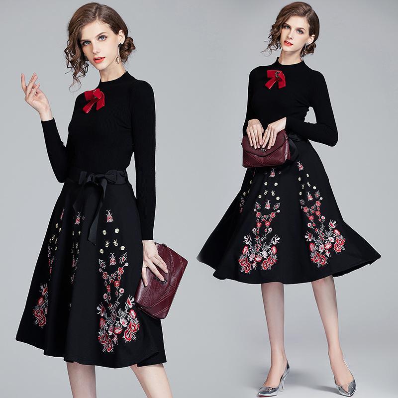 Knit Long Sleeve Stitching Embroidered Dress