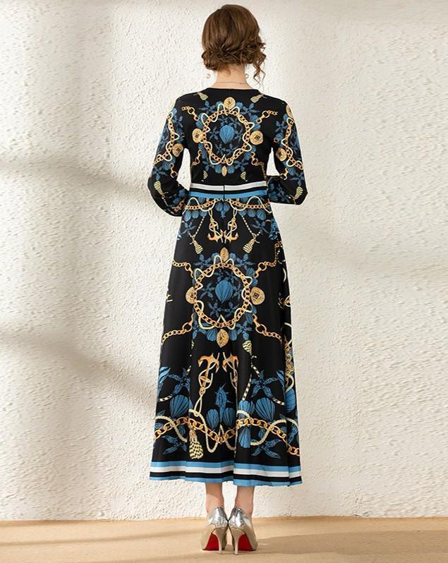 Lapel Fashion Print Slim Long-sleeved Dress