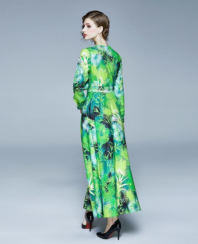 Fashion V-neck Long-sleeved Slim Print Dress