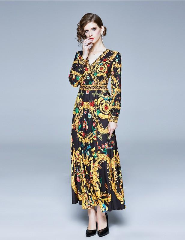 Fashion V-neck Royal Court Print Long-sleeved Slim Dress