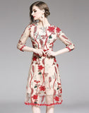 Round Neck Lace 3D Floral Embroidered Slim Dress